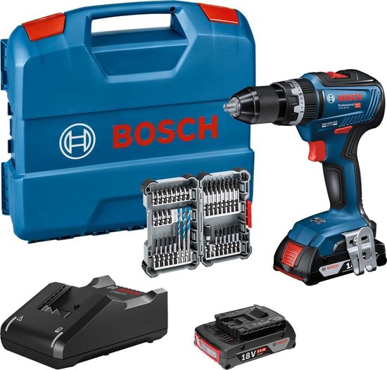 Bosch Professional GSB 18V-55 accu slagboorschroevendraaier (batterij 2 x 2.0 Ah + oplader, 35-delig, accessoireset met impact, in L-case